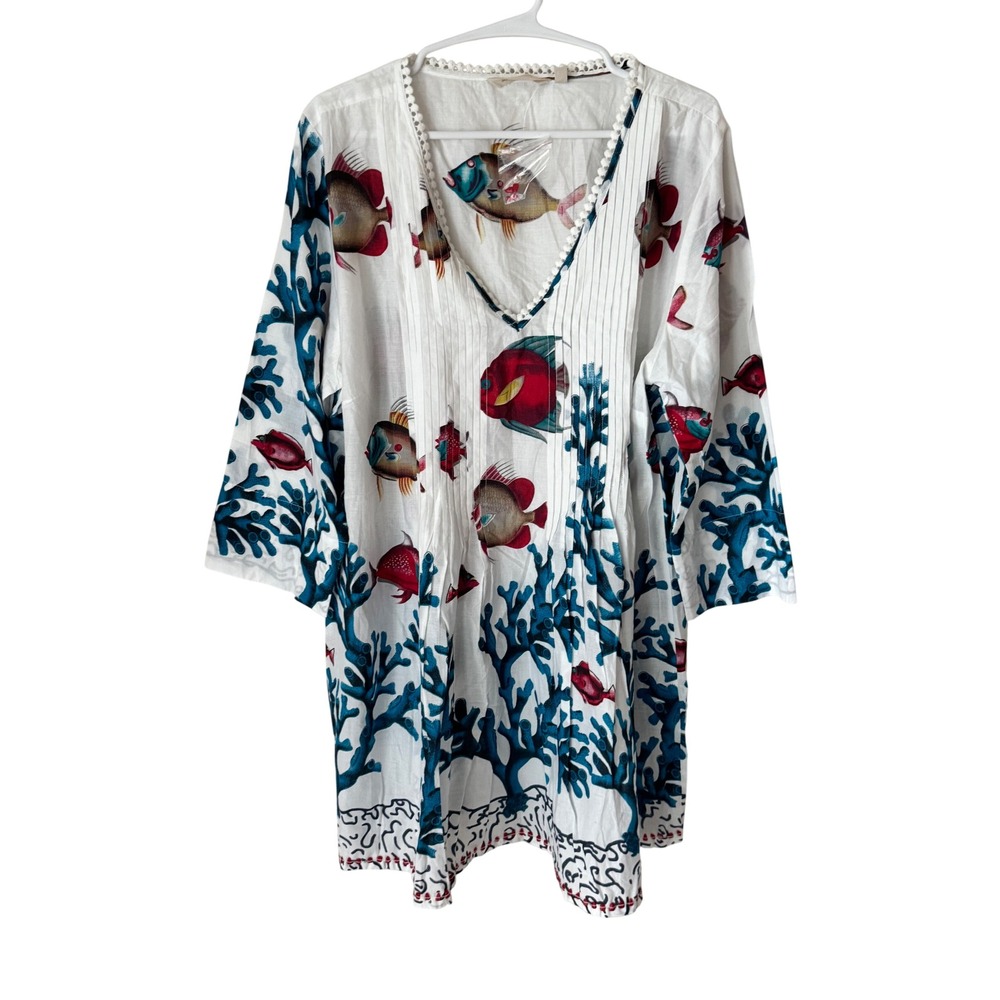 Soft Surroundings Tropical Fish Coral Reef Tunic White Blue Red PXL Coastal